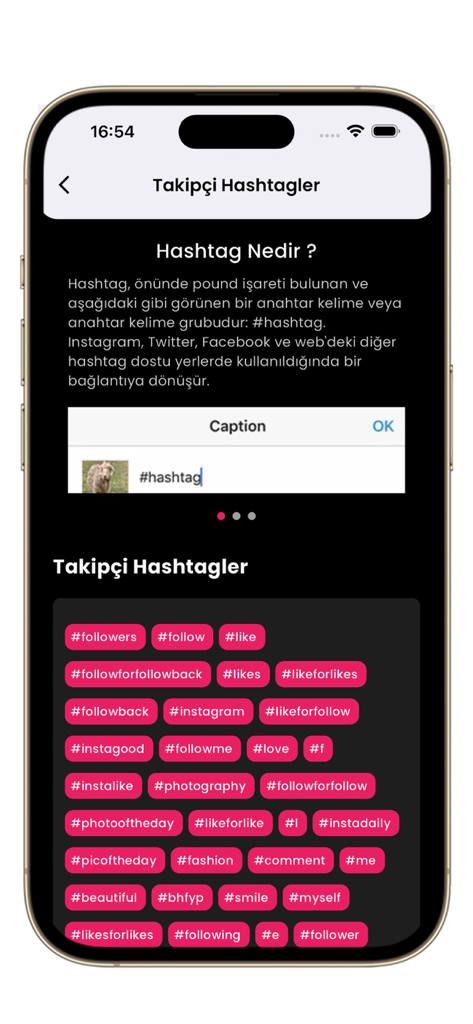 Postegro Nunu app screen displaying suggested hashtags for increasing followers and likes on social media