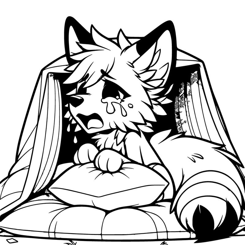 a hibrid fox crying in a pillow fort