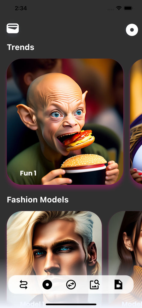 DeepFace: Face Swap Video - DeepFace app interface showing trends with a funny AI character and fashion model templates.