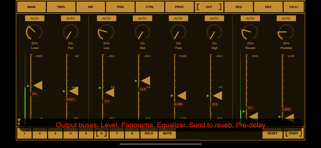 BeatCutter - Interfaz de buses de salida de la aplicación BeatCutter que muestra controles de nivel, panorama, ecualizador y reverberación.