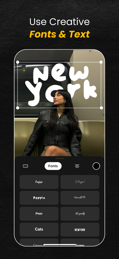 Crsel: Carousel & Story Maker - Mobile interface of Crsel app showing creative font selection and text overlay on a photo
