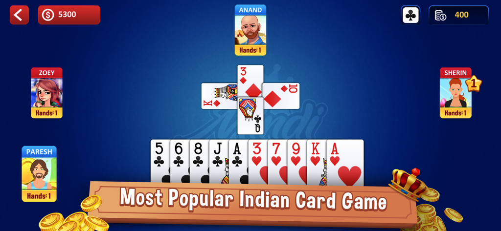 Pantalla de juego de Mindi mostrando las cartas de los jugadores y un banner promocional del juego de cartas tradicional indio