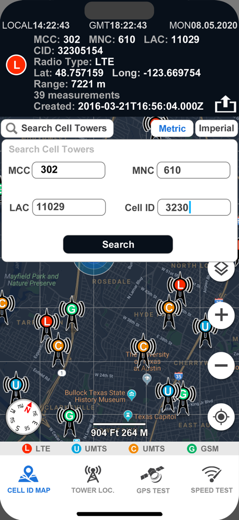 Cell tower location map with search filters for MCC MNC and Cell ID