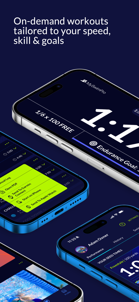MySwimPro app interface showing on-demand swim workouts and wearable device integration on multiple smartphones
