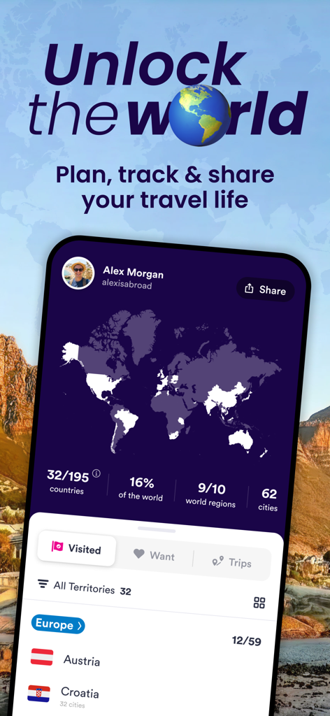 Personalized world travel map and tracking statistics in the Skratch app