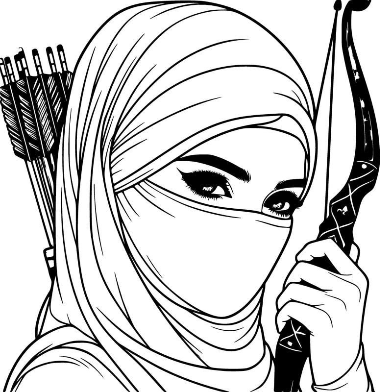realistic muslim woman face covered holding a bow and arrows