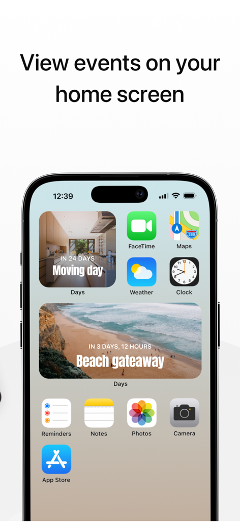 iPhone home screen featuring aesthetic countdown widgets for moving day and a beach getaway from the Days app