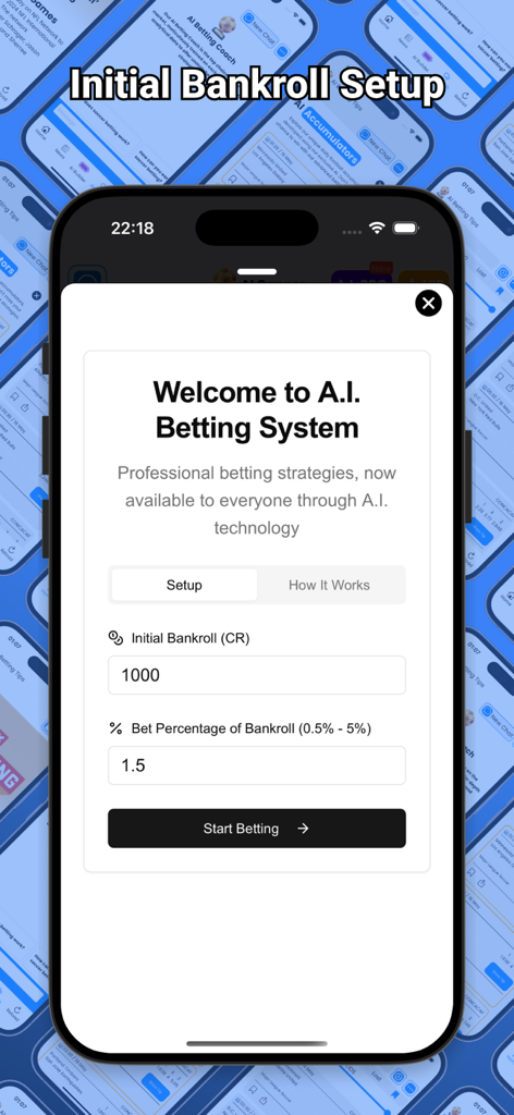 AI Betting Tips - AI Betting Tips app showing the initial bankroll setup interface with options to set bankroll amount and bet percentage