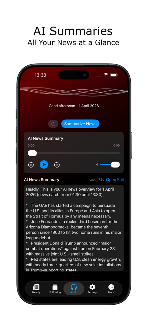 Headly - AI News Summary - Application Headly montrant un résumé d'actualités par IA avec les commandes de lecture audio