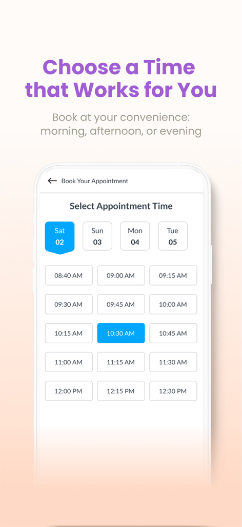 Pantalla que muestra la selección de fecha y hora de la cita en la aplicación DoctorC