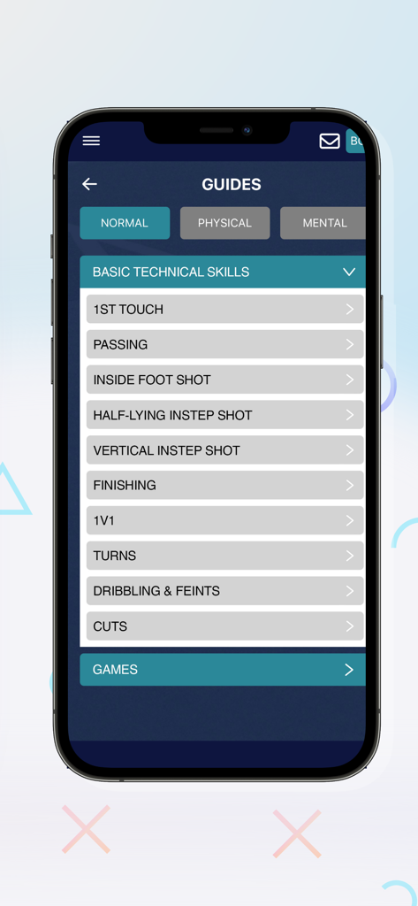 Better Coaching App - Better Coaching App screen displaying a menu of soccer technical skills including passing, dribbling, and finishing drills.
