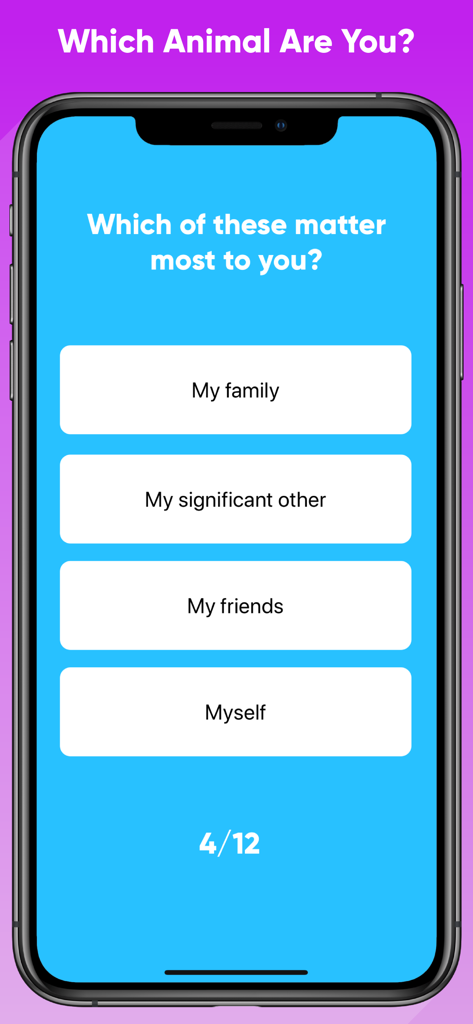 Una domanda di un quiz di personalità nell'app "Quale animale sei?" che chiede cosa conta di più con risposte a scelta multipla