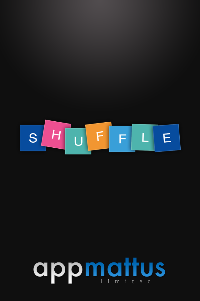Shuffle: The funny, speedy word finding game - Shuffle word game splash screen showing the game title in colorful square tiles on a dark background