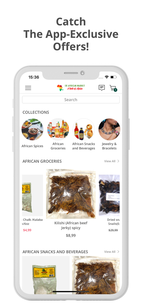 ER African Market - ER African Market app home screen featuring categories for African spices and groceries with product listings