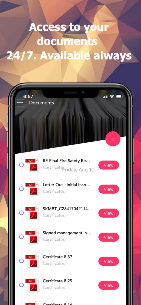 Interfaccia dell'app mobile Stratafy che visualizza un elenco di documenti e certificati immobiliari con accesso 24/7.