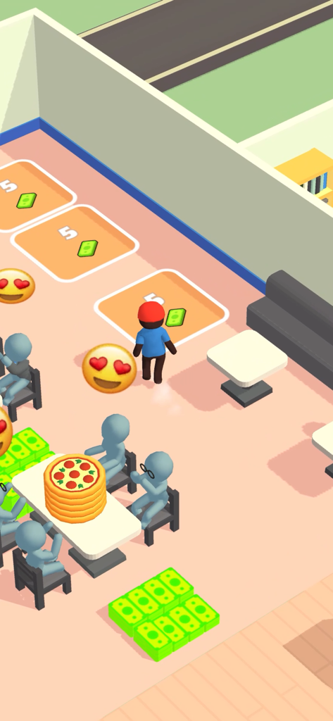 Captura de pantalla del juego de Pizza Ready que muestra a un personaje gestionando una pizzería con clientes felices y montones de dinero