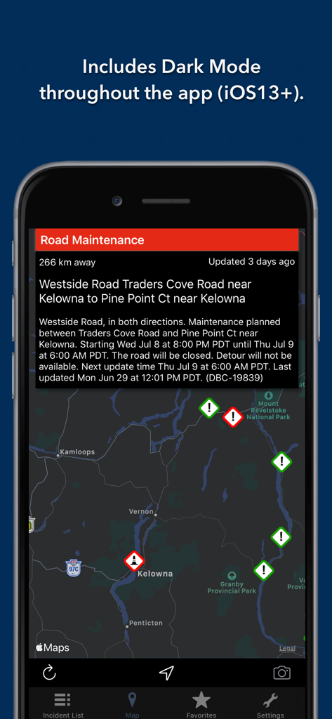 A smartphone screen displaying the British Columbia Roads app in dark mode featuring a map with traffic incident icons near Kelowna and a detailed road maintenance report.