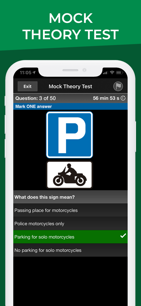 Motorcycle Theory Test UK - A mobile app screenshot showing a mock theory test question about a motorcycle parking sign with multiple choice answers.