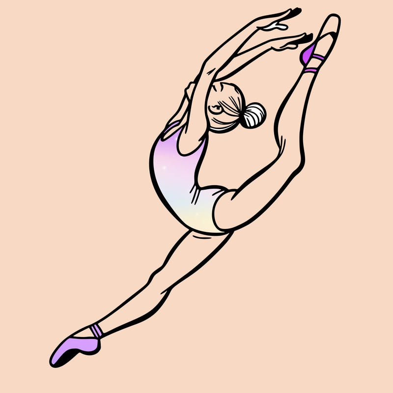 gymnast doing a leap in a leotard with a bent back leg
