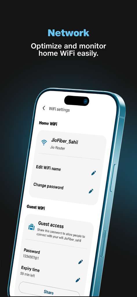 JioHome app screen showing WiFi settings and guest access management