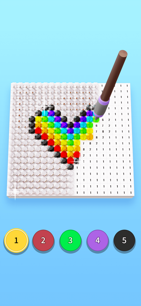 Application de diamond painting numérique montrant une mosaïque de cœur arc-en-ciel en cours de coloriage par numéro