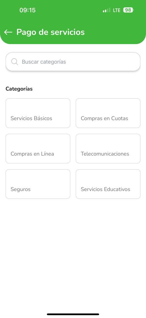 TeLoCompro - TeLoCompro app interface showing categories for service payments like utility bills and telecommunications