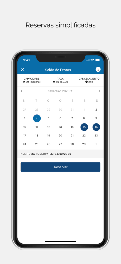 Pantalla de la app D. Ramos Administradora mostrando un calendario de reservas de sala de fiestas con detalles de capacidad y tarifas.