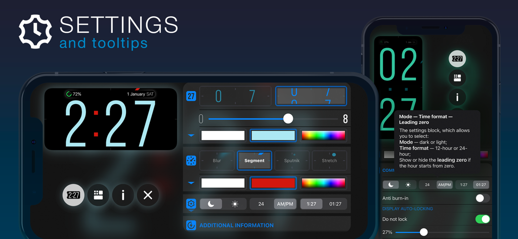 Interface des paramètres de l'application ClockPhone montrant les options de personnalisation de l'horloge et des conseils utiles
