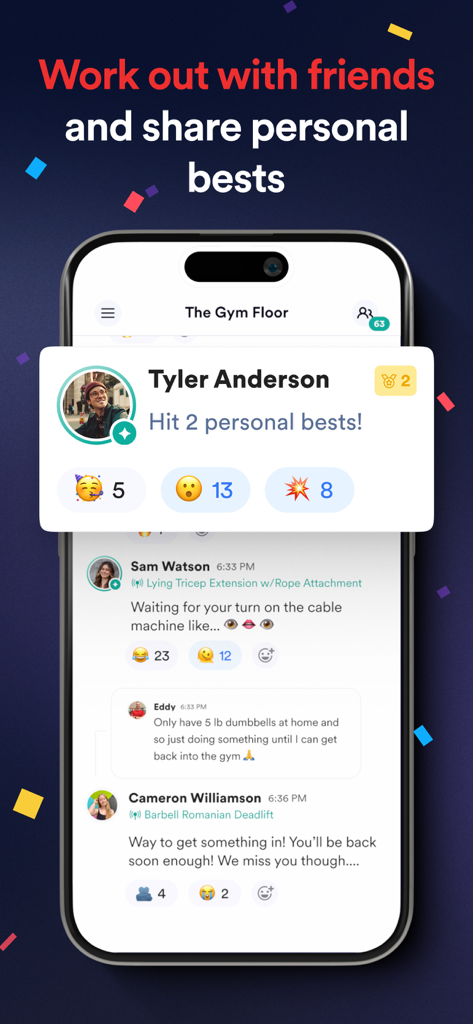 The Gym Floor social feed in the Caliber app where users share personal bests and motivate each other within workout groups.