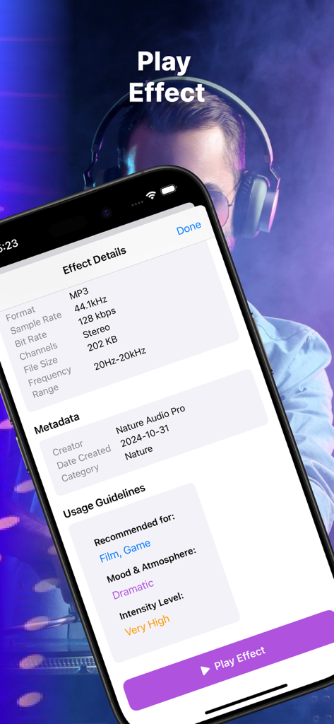 Spécifications techniques et métadonnées d'effets sonores professionnels affichées sur un écran mobile.