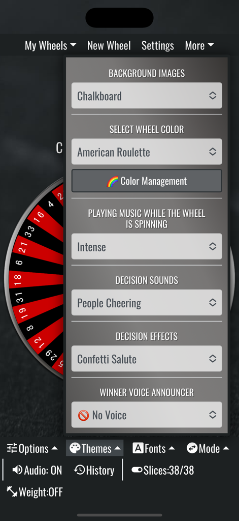 Menu de personalização no aplicativo Spin The Wheel com configurações para imagens de fundo, cores da roda e sons de decisão