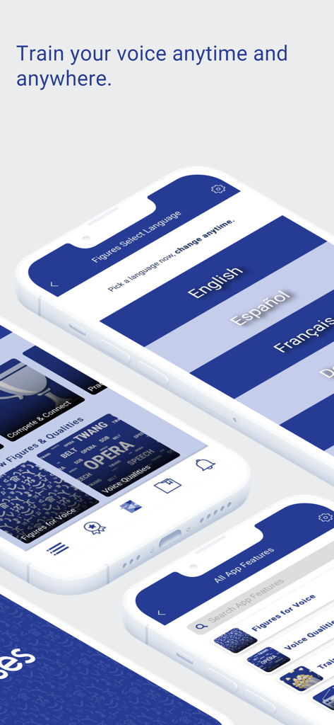 Estill Exercises - Mobile app interface for Estill Exercises showing vocal training features and language selection options