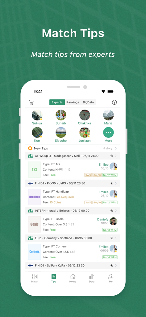 Scoremer app interface displaying soccer match tips and expert predictions for various leagues.