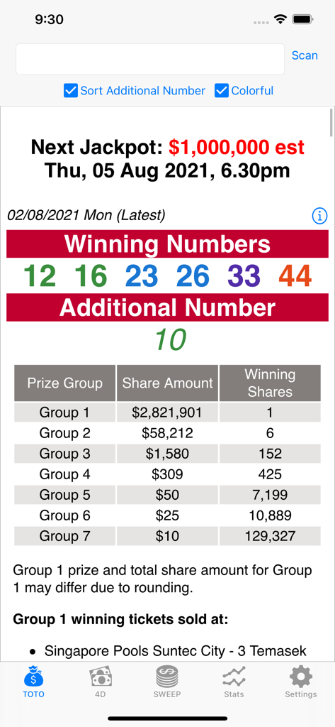 SG TOTO 4D SWEEP - Screenshot of the SG TOTO app showing winning numbers prize shares and the next jackpot estimate