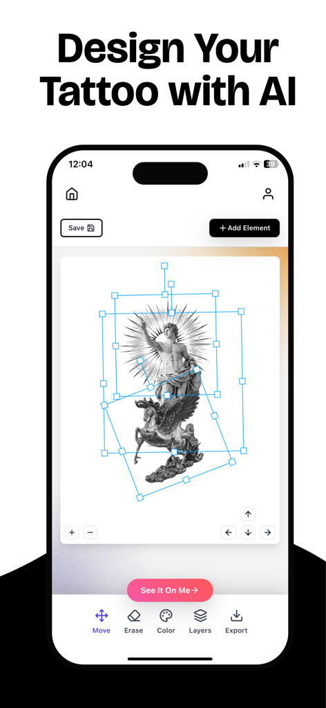 Interface d'application mobile montrant un design de tatouage personnalisé en cours d'édition avec des outils IA, y compris une statue classique et un cheval ailé.