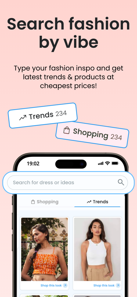 benny: AI fashion search - Interface of the benny app showing the search fashion by vibe feature with trending outfit results.