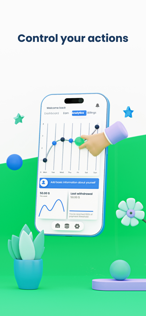 Paidwork: Make Money - A 3D smartphone displaying the Paidwork app analytics screen with a weekly earnings graph and withdrawal balance