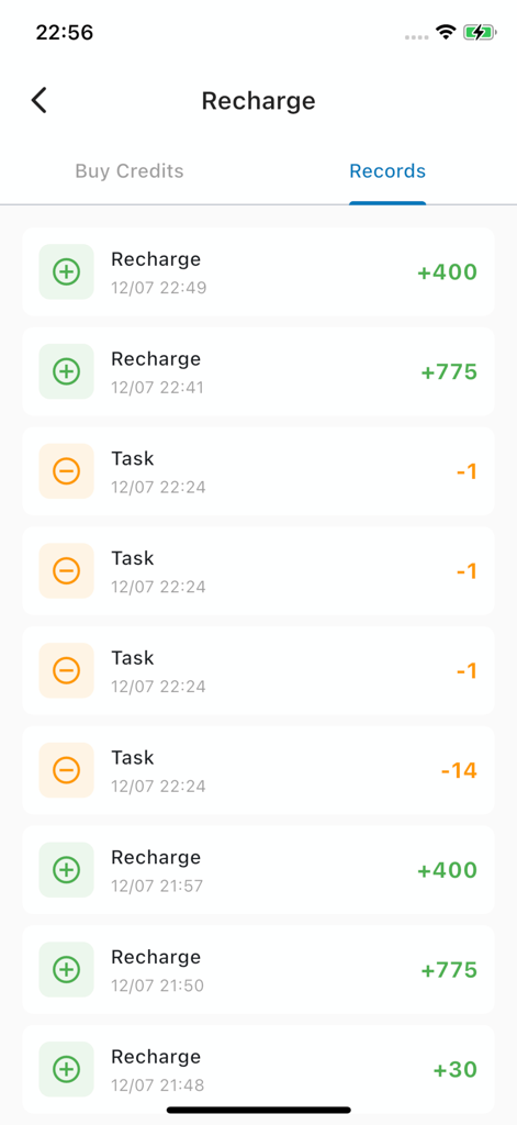 Transaction history of the AImagica flexible credit system showing recharges and tasks