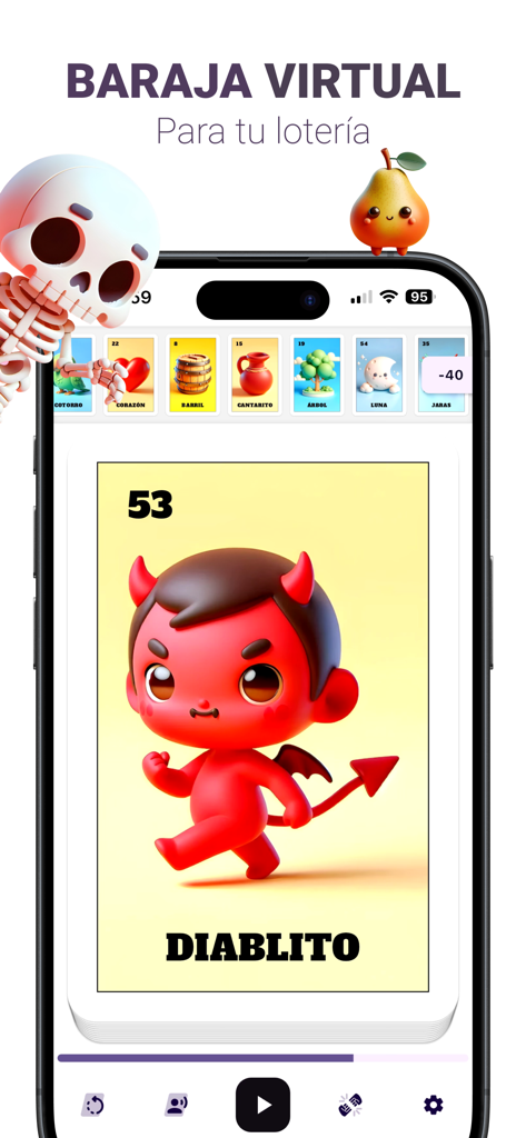 Barajaverso ® Lotería Mexicana - Barajaverso app showing a virtual Mexican Loteria deck with a 3D Diablito card.
