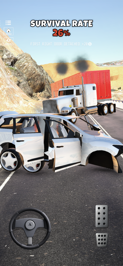 Car Survival Rate - Realistic car crash simulation between a white SUV and a semi truck on a highway
