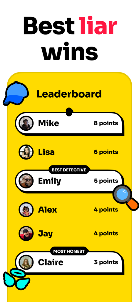 2 Truths and 1 Lie - Schermata della classifica dell'app mobile 2 Verità e 1 Bugia che mostra le classifiche dei giocatori e badge di achievement speciali come Miglior Detective e Più Onesto.
