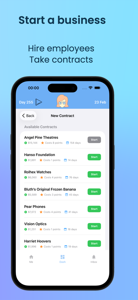 Life Sim game screen showing available business contracts to start