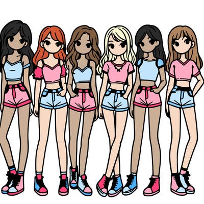 a group of girls wearing crop tops and shorts