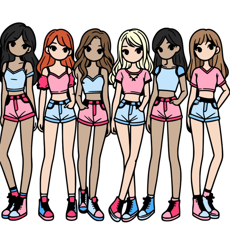 a group of girls wearing crop tops and shorts