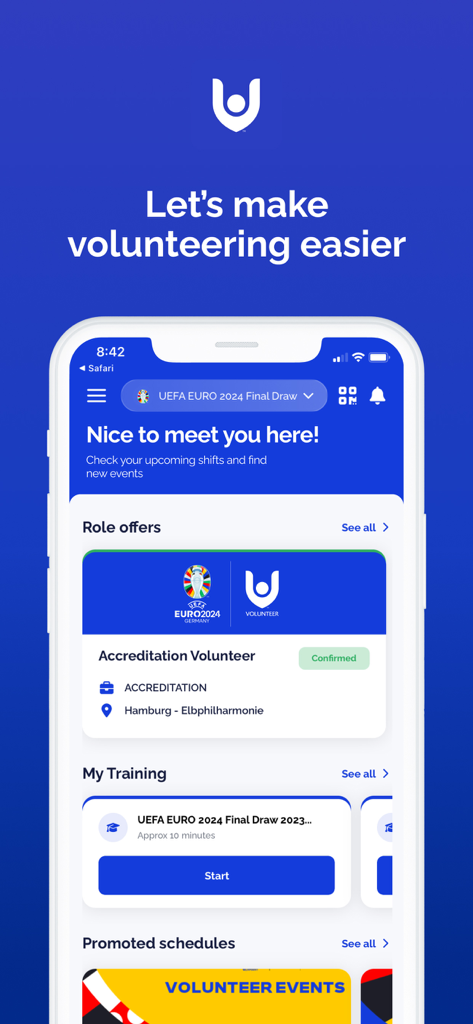 UEFA Volunteers - UEFA Volunteers app interface showing role offers and training for UEFA EURO 2024