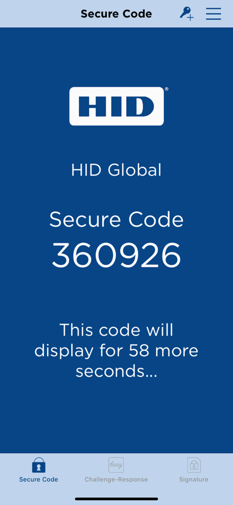 HID Approve app screen displaying a six digit secure authentication code.