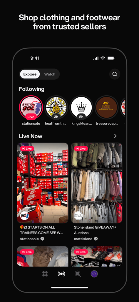 Interface of the Tilt app displaying live streaming fashion auctions and trusted sellers for streetwear and sneakers