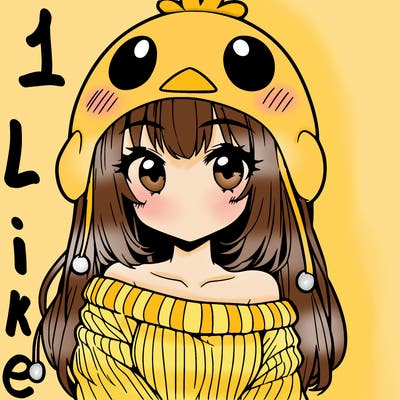 anime girl with chick shaped hat with sweater with bare shoulders with bangs covering them one eye with low tail