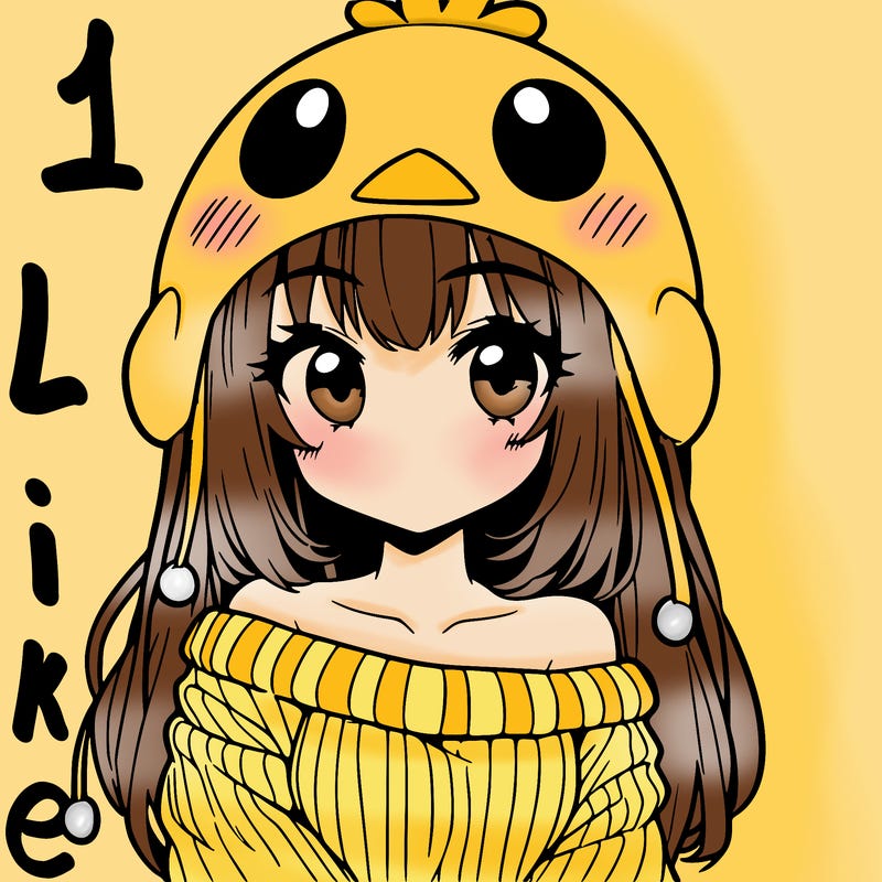anime girl with chick shaped hat with sweater with bare shoulders with bangs covering them one eye with low tail