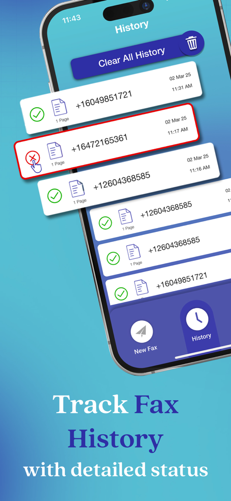 Fax from iPhone: Send Fax Easy - FaxSwiftアプリの履歴画面。送信ステータスを含む送信済みファックスのリストを表示しています。
